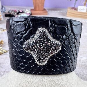 Black Embossed Faux Croc Bracelet with Jeweled Star Accent
